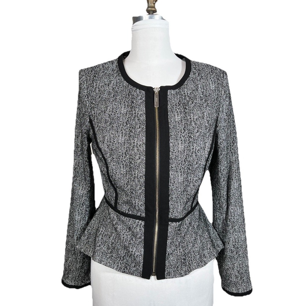 DKNY Women's Blazer Jacket Size‎ 12P Petite Gray Black Zip Long Sleeve Career